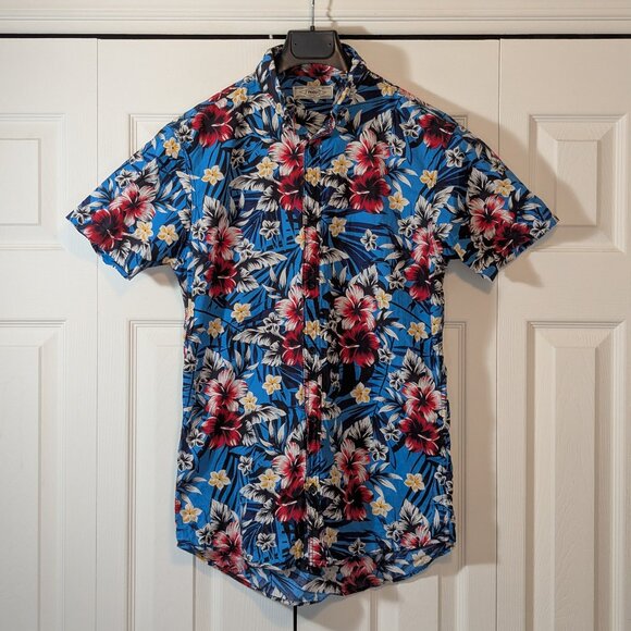 Produkt Floral Button Down Short Sleeve Men's Shirt - Blue- Size M - Picture 1 of 10